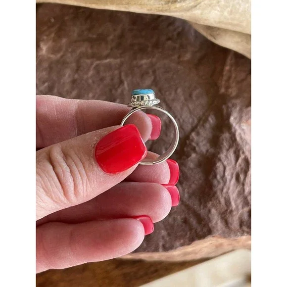 Navajo Sterling Silver Turquoise Cigar Band Ring - Picture 8 of 11